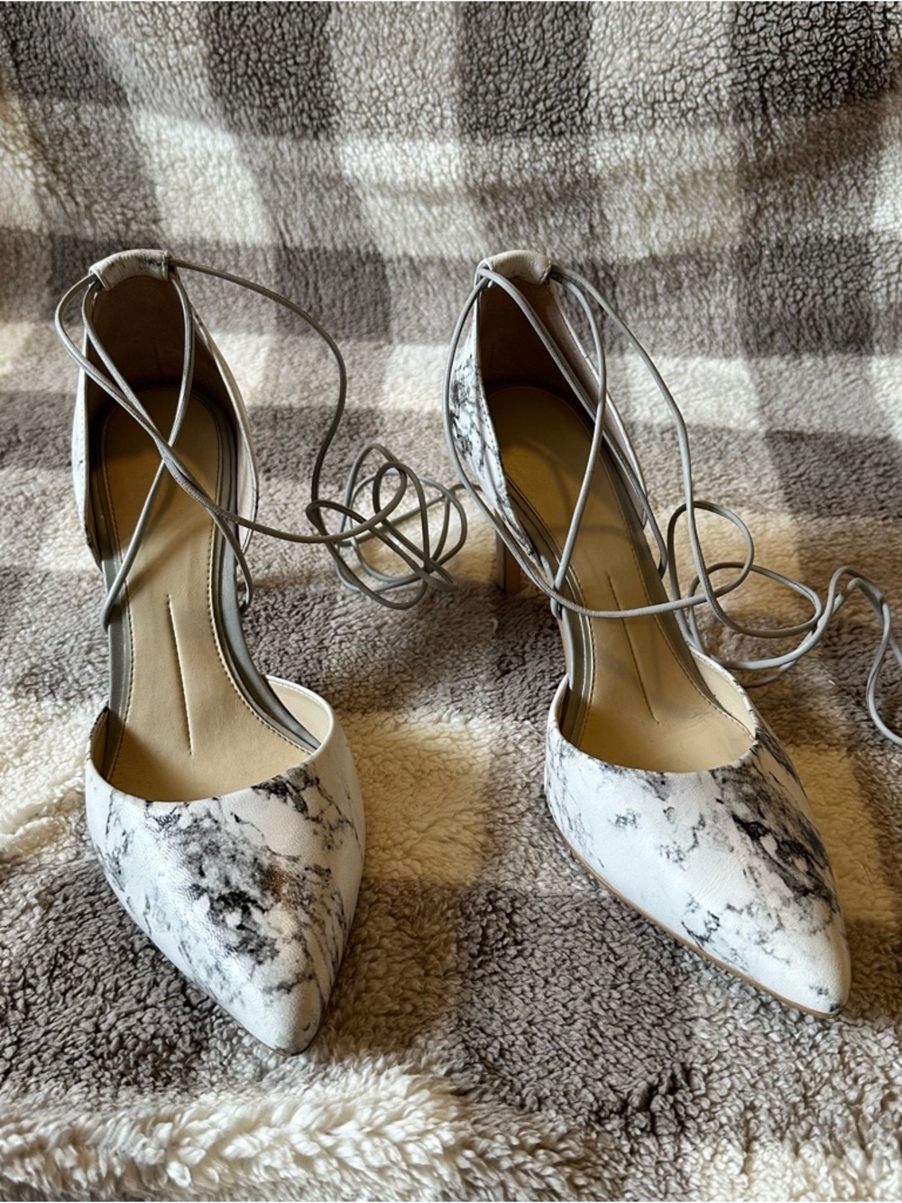 Gianni Bini Marble-Print Lace-Up Pointed Toe Heels - White/Gray